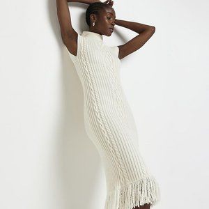 River Island Cream Cable Knit Midi Bodycon Dress, XS